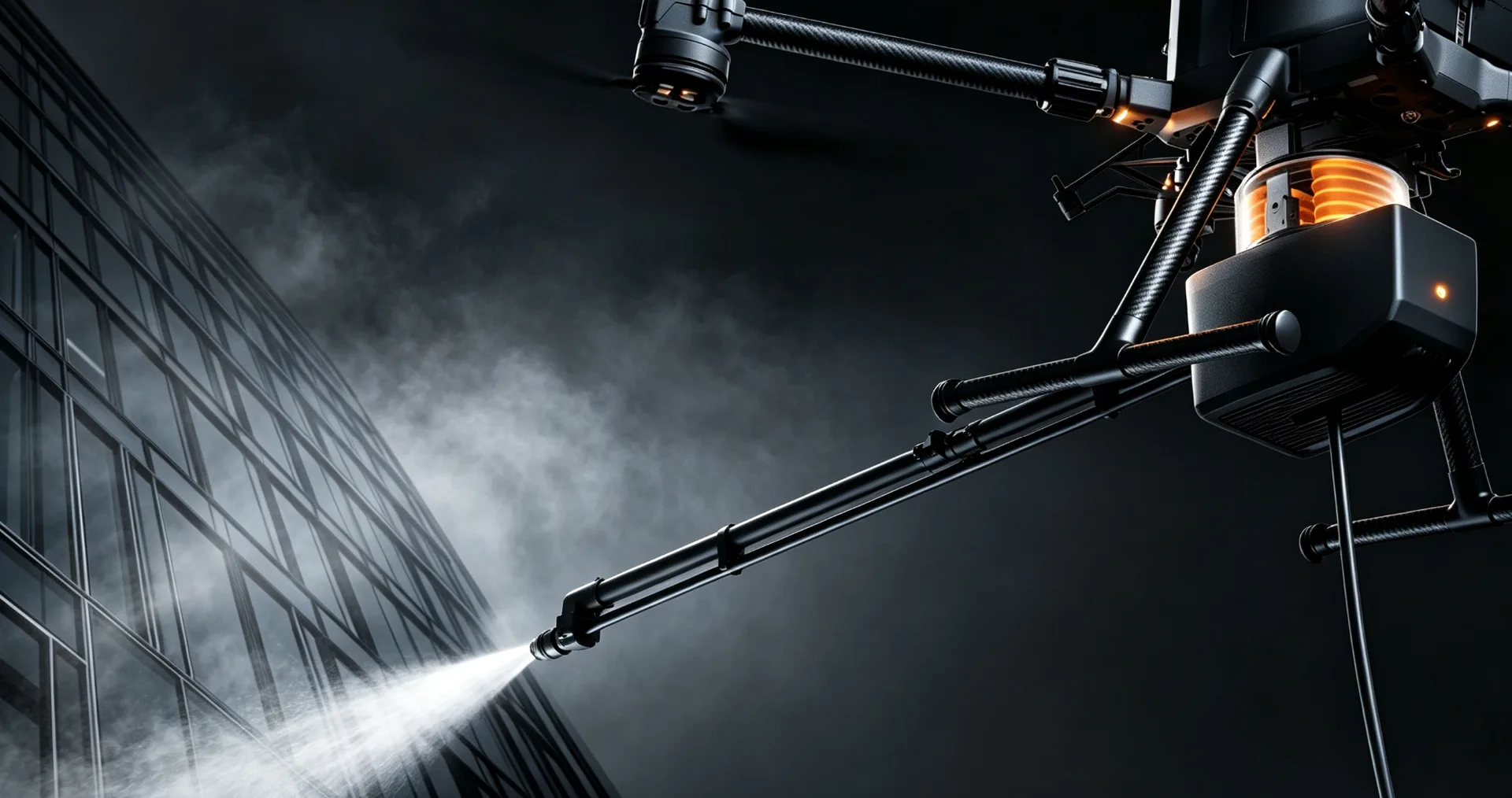 Aerial cleaning drone spraying the glass facade of a high-rise