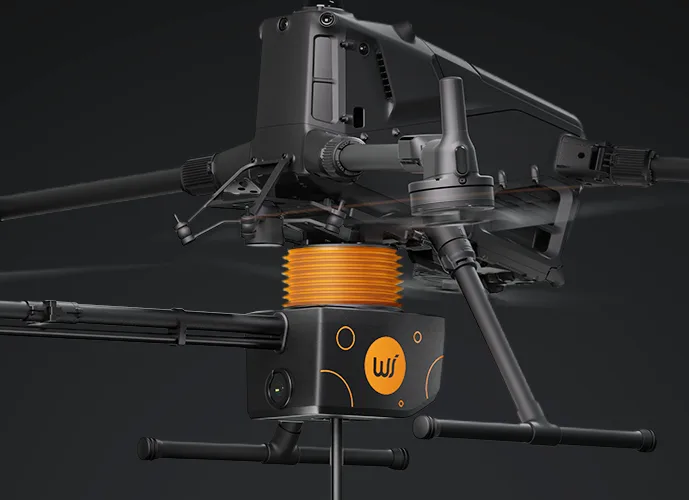 Aerial cleaning drone with an orange Pliabot® muscle joint and a Wisson spray module