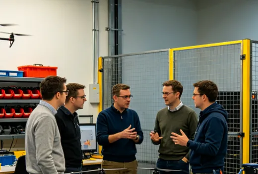 Engineers talking in front of a fenced robot test cell