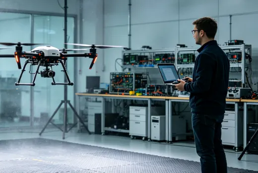 Engineer flying a drone inside a glass-walled test bay
