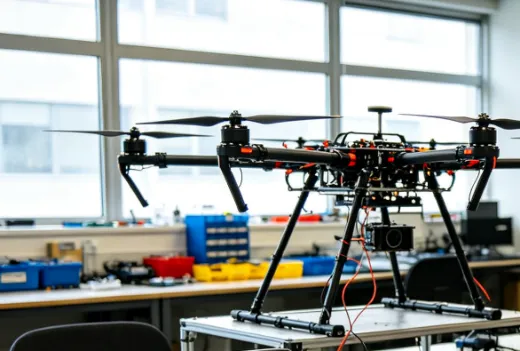 Large multirotor drone on a workbench by the window