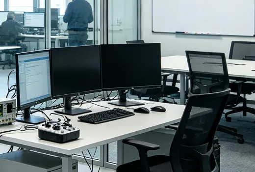Open-plan lab with monitors and electronics on the desks
