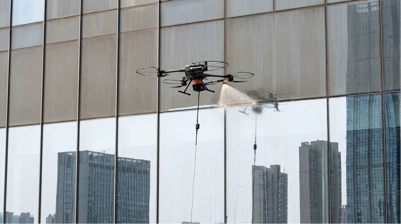 Orion aerial cleaning robot mounted on a drone washing a glass curtain wall
