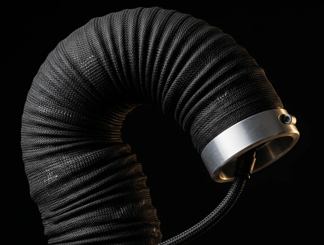 Close-up of a black woven Pliabot® bionic muscle bending with an aluminium end ring