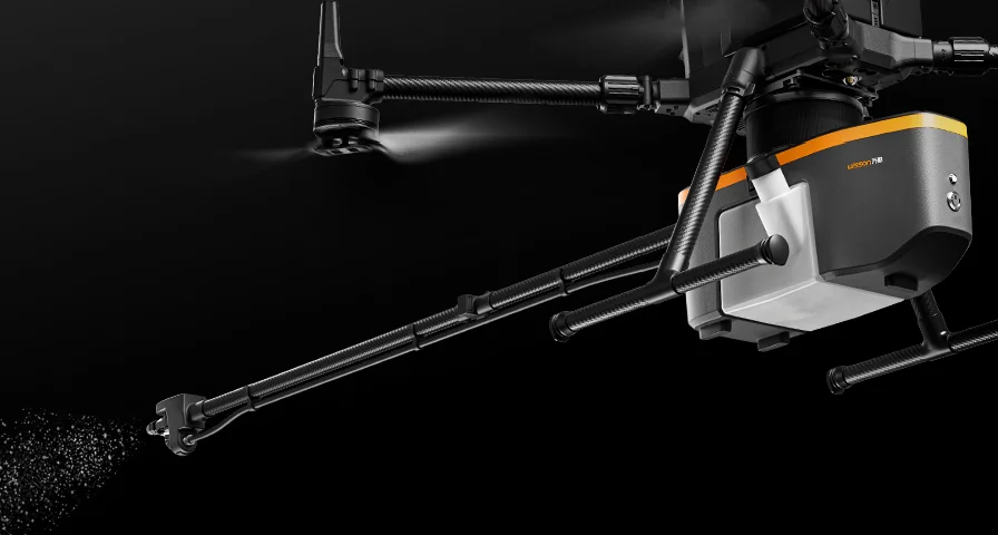 Orion AP3-S1 on a DJI M350 spraying water from its nozzle arm