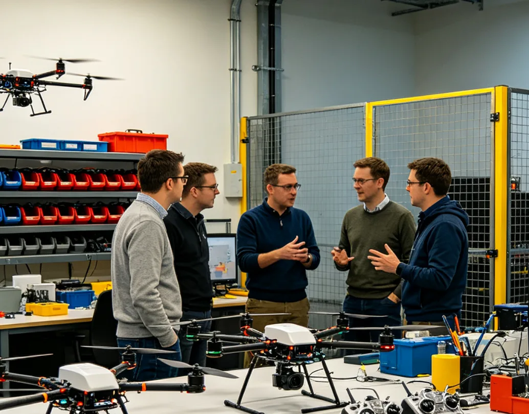 Wisson engineers briefing a pilot crew in the training workshop, drones on the bench