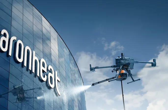Aerial cleaning robot washing a curved glass building facade
