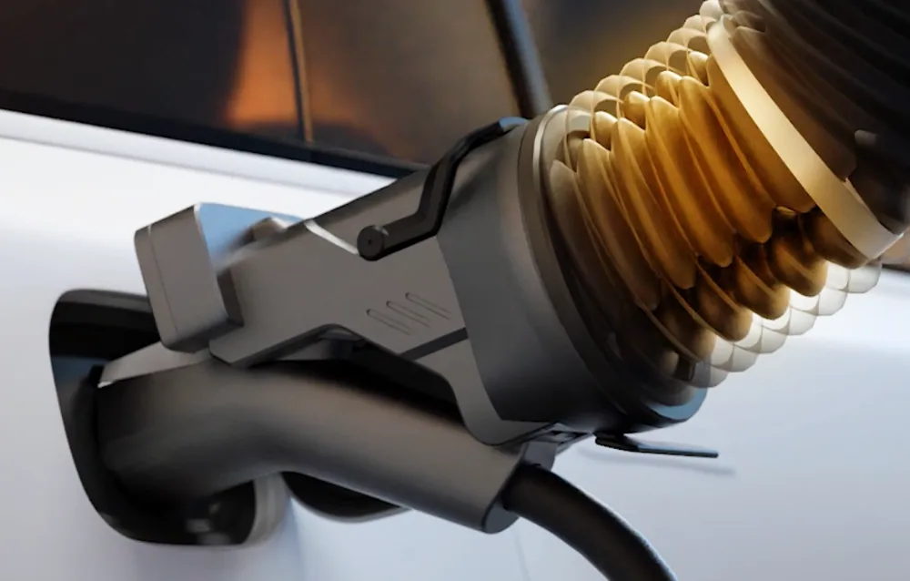 Bionic muscle arm plugging a charging connector into an electric vehicle