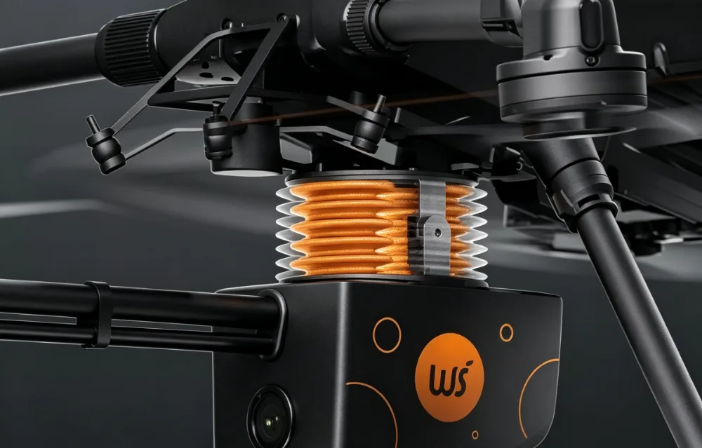Pliabot® bionic muscle joint with orange bellows mounted under a drone arm