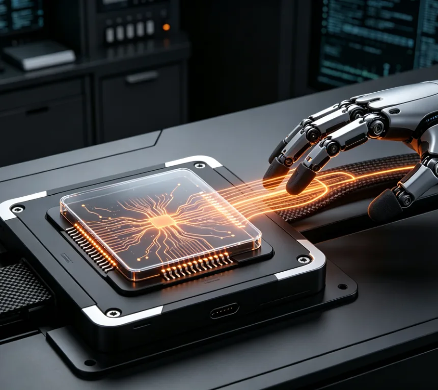Robotic hand linked by glowing orange fibres to an AI processor chip