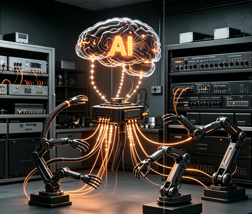 One glowing AI brain wired to several robotic arms of different forms