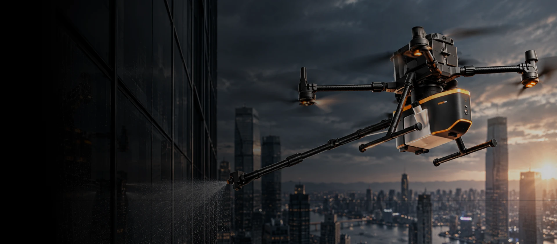 Aerial cleaning drone spraying a high-rise facade above a city at sunset
